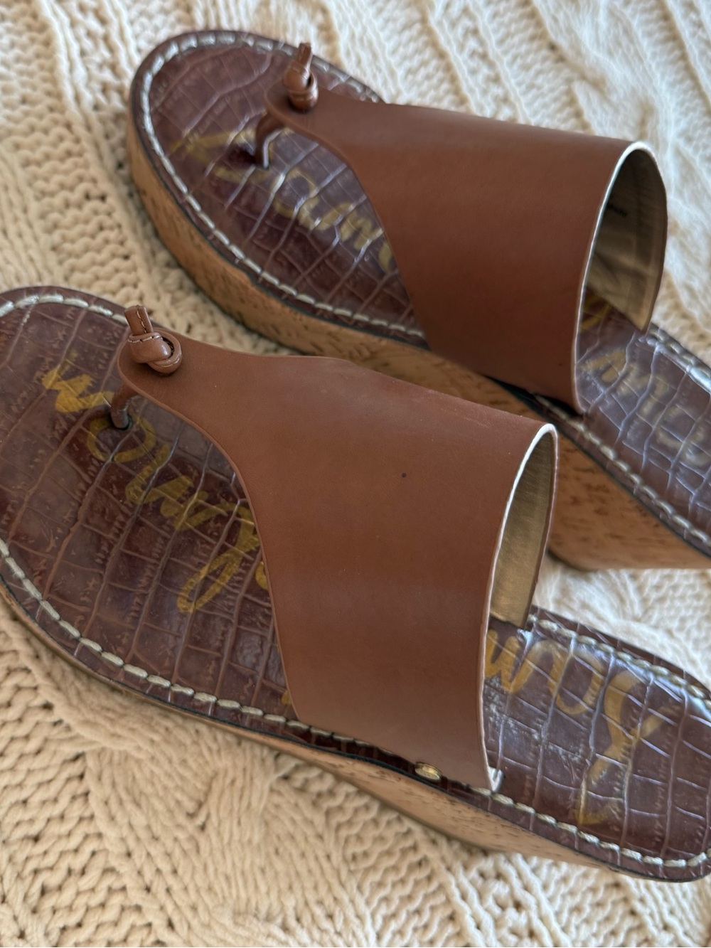 Sam Edelman Brown Leather Toe-Loop Wedge Sandals